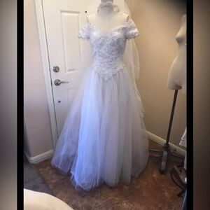Pallas Athena Wedding Dress And Vail White Bow Beads Lace Band Size 10 W s10